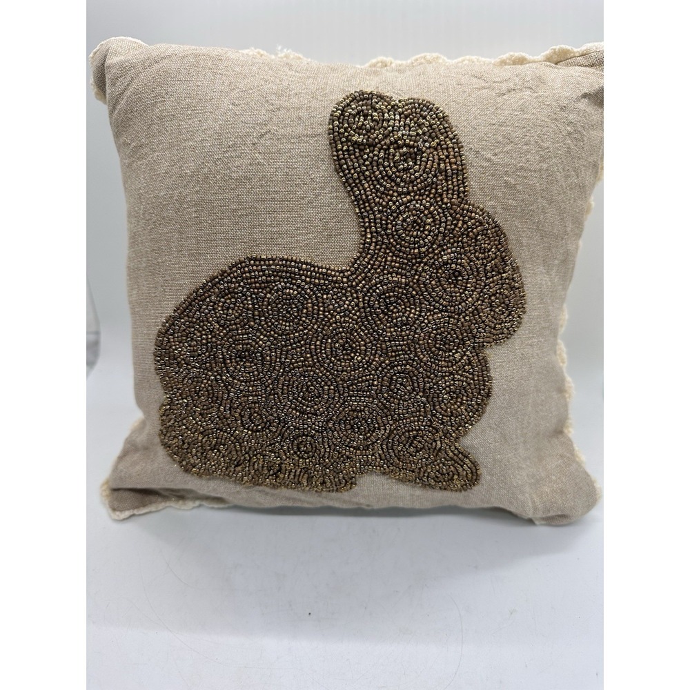 Vintage Pier 1 Gold Beaded Easter Bunny Rabbit Throw Pillow Ruffle‎ Trim